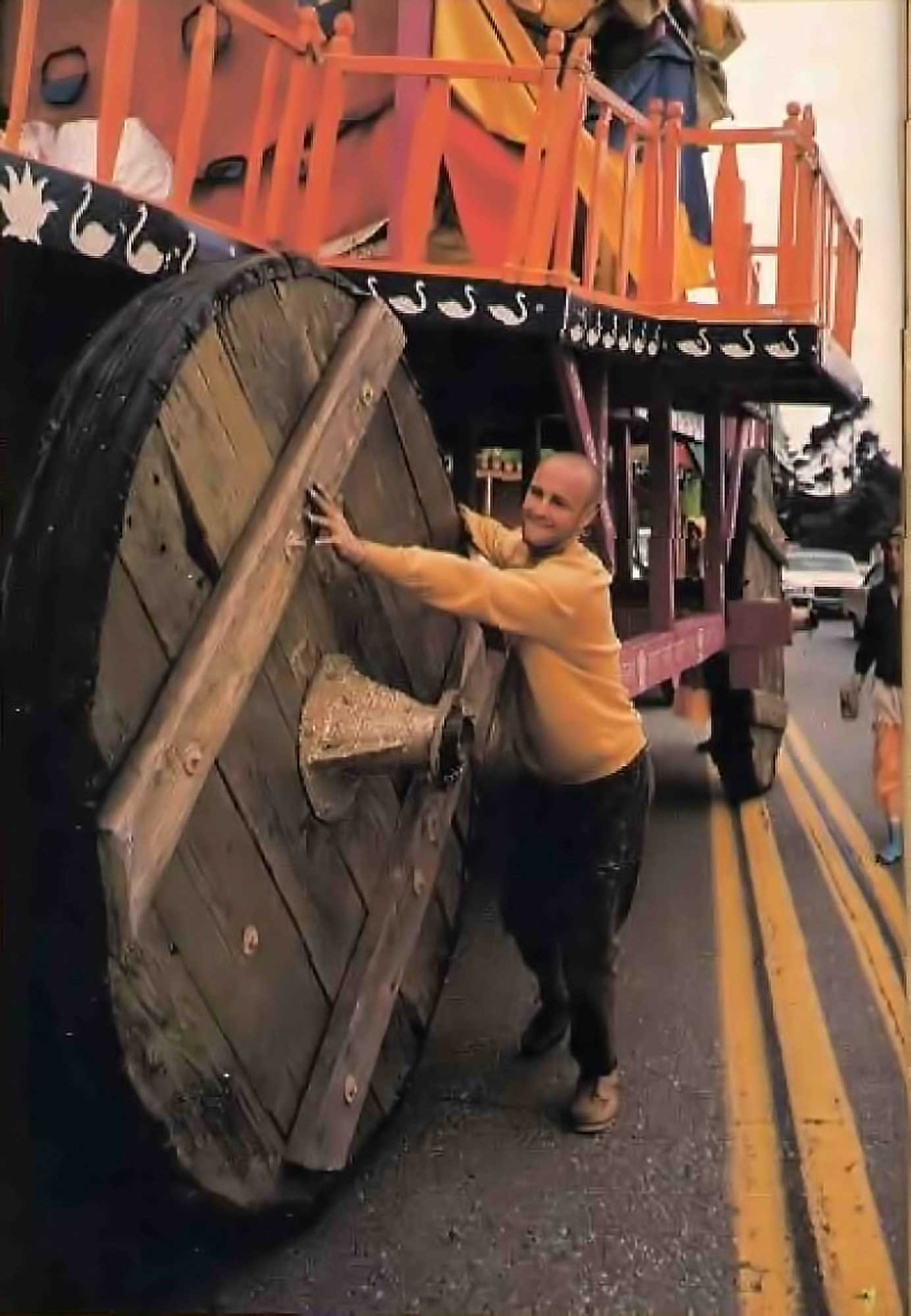 Jayānanda Dāsa moving the Ratha carts in preparation for the 1971 San Francisco Ratha-yatra
